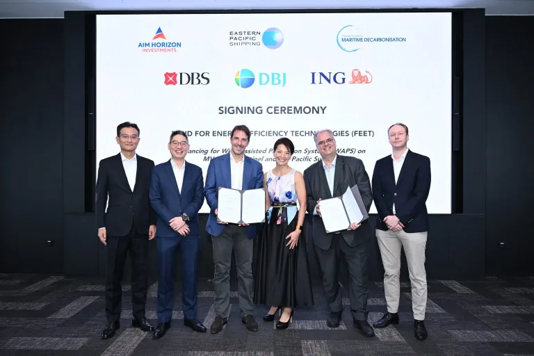 From left to right: Miki Akita, Managing Executive Officer, Development Bank of Japan Inc.; Max Lim, Managing Director & Group Head, Shipping, Aviation, Logistics & Transportation, DBS; Cyril Ducau, CEO, EPS; Lynn Loo, CEO, GCMD; Marcel de Bruijckere, CEO, AIM Horizon Investments; and Jens Van Yperzeele, MD, Transport & Logistics APAC, ING.
