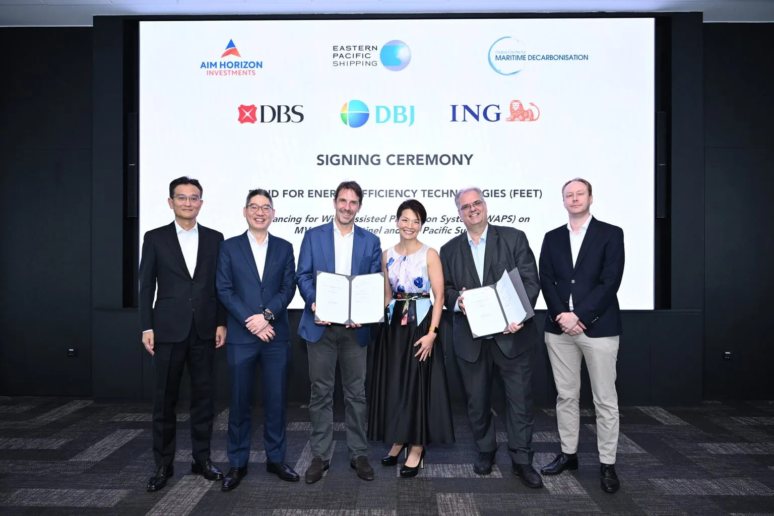 From left to right: Miki Akita, Managing Executive Officer, Development Bank of Japan Inc.; Max Lim, Managing Director & Group Head, Shipping, Aviation, Logistics & Transportation, DBS; Cyril Ducau, CEO, EPS; Lynn Loo, CEO, GCMD; Marcel de Bruijckere, CEO, AIM Horizon Investments; and Jens Van Yperzeele, MD, Transport & Logistics APAC, ING.