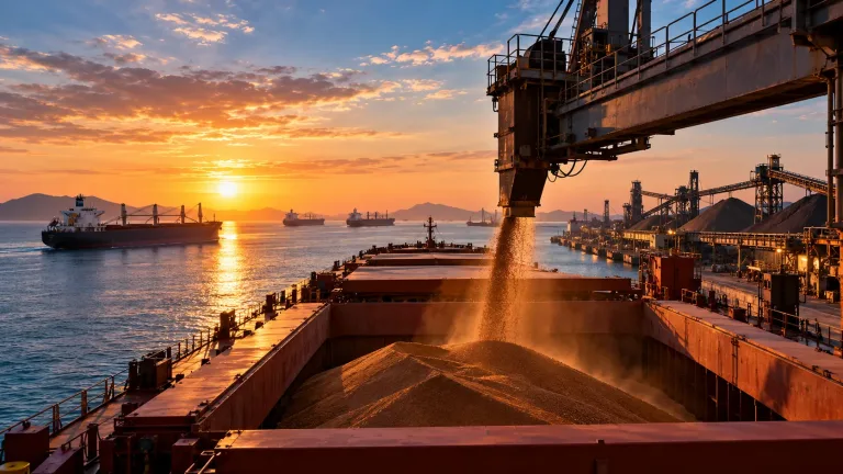 Dry bulk carrier loading bulk cargo at a port terminal, with industrial cranes, conveyor systems and vessels in the background at sunset.