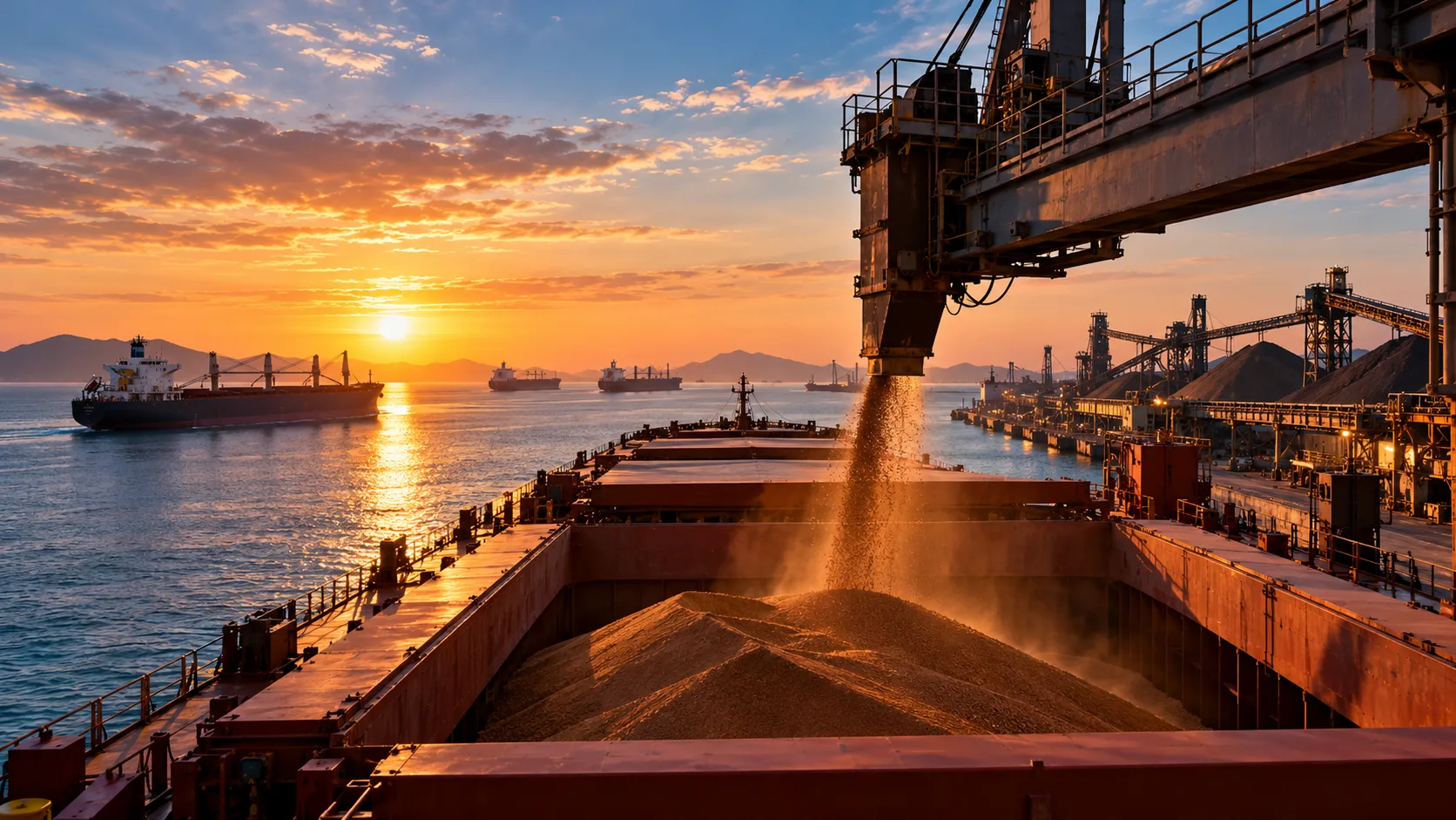 Dry bulk carrier loading bulk cargo at a port terminal, with industrial cranes, conveyor systems and vessels in the background at sunset.